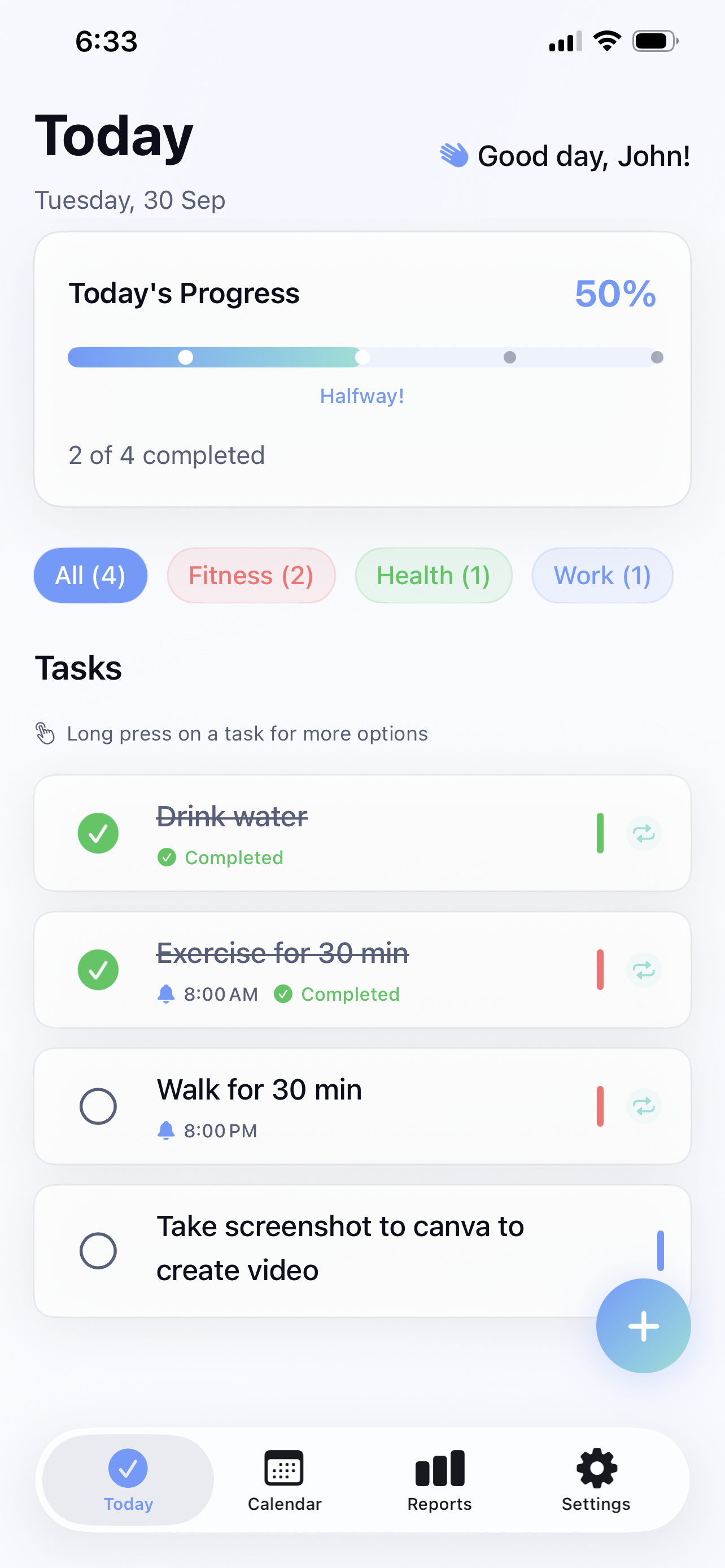 DailyTrack Today Dashboard - Clean interface showing today's tasks with progress tracking