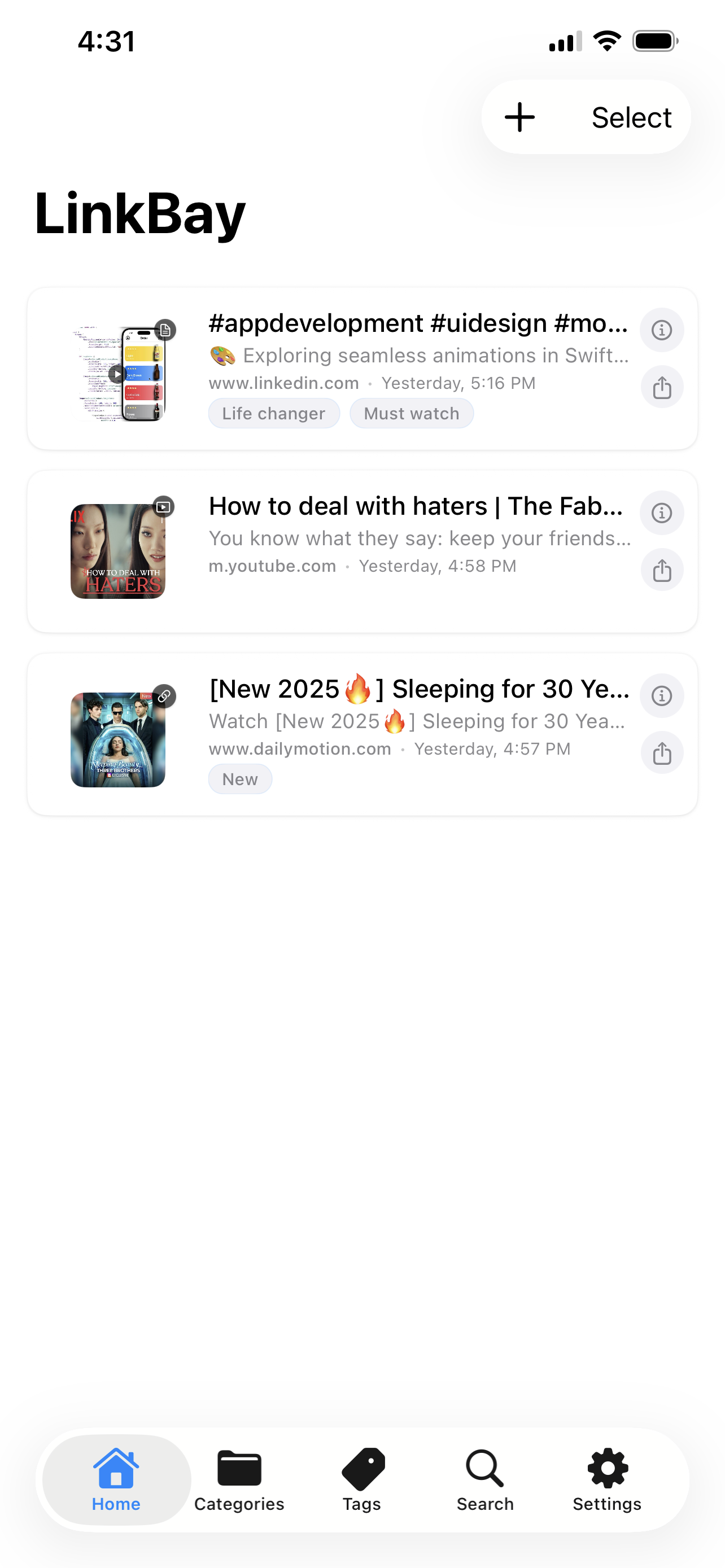 LinkBay home screen showing organized links with rich previews