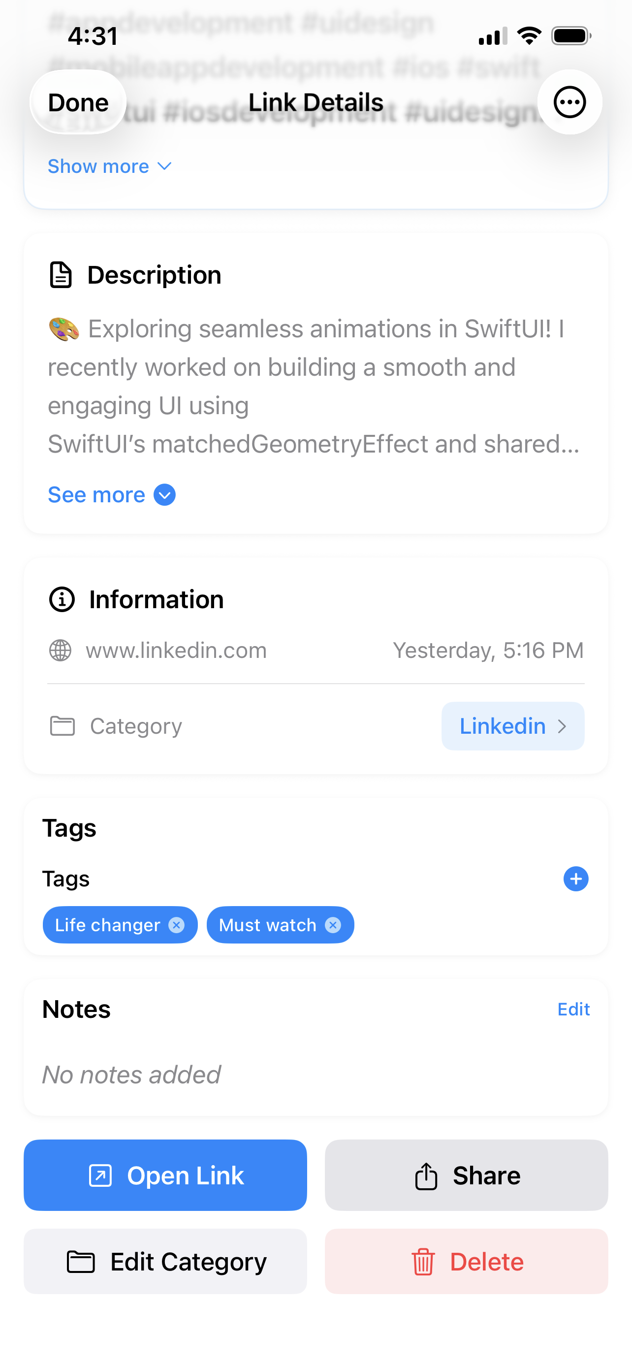 LinkBay link details view with metadata and organization options