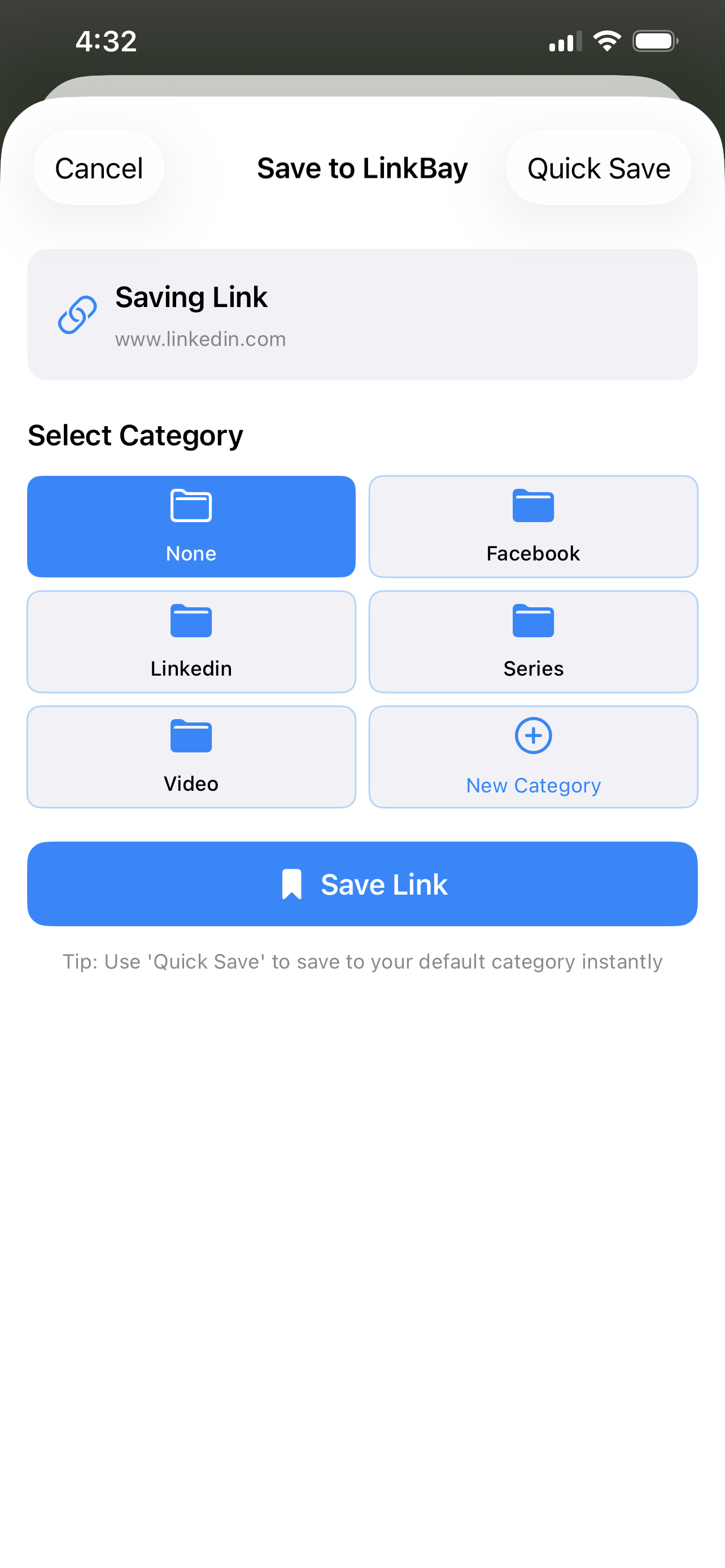 LinkBay share extension for saving links from any app