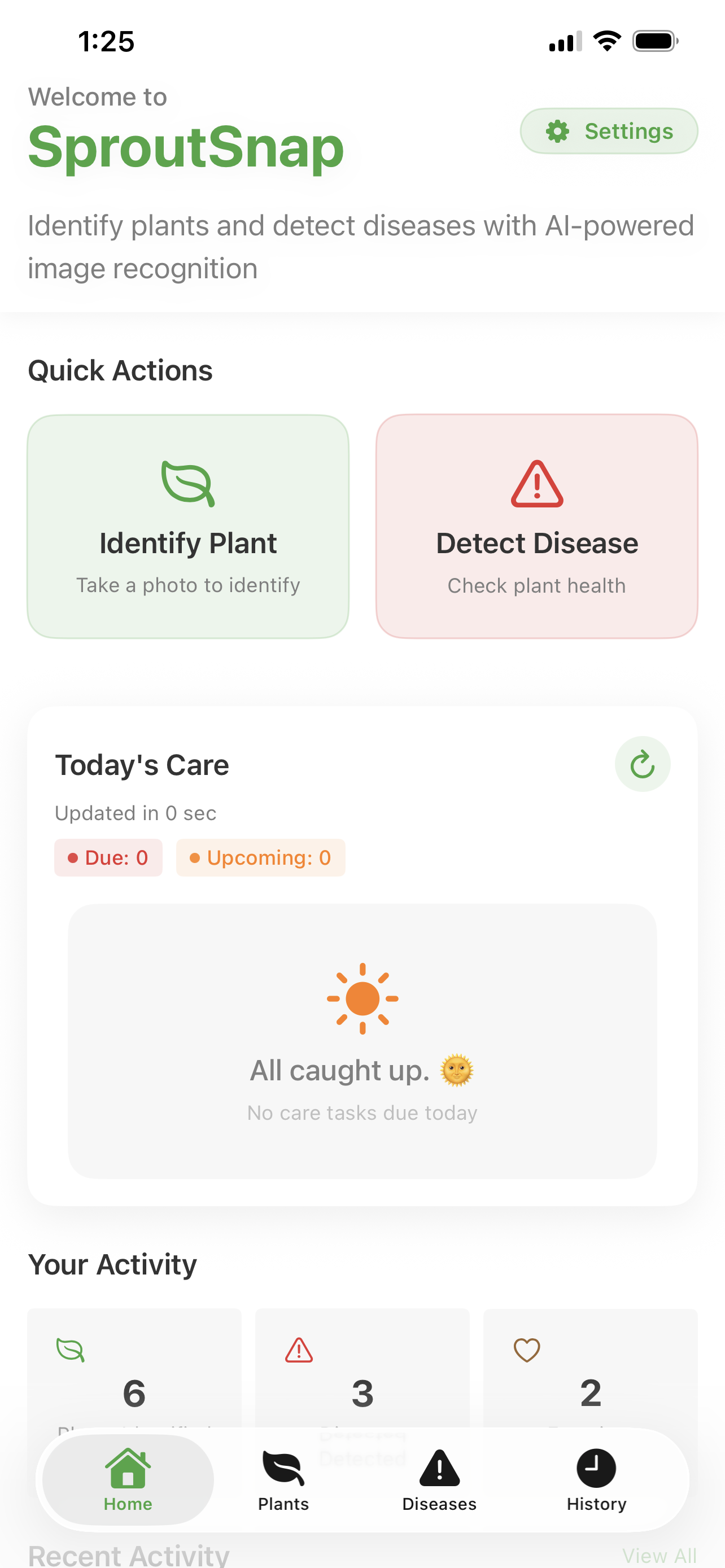 SproutSnap Home Screen - Plant Care Hub
